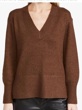 Vince Cashmere Rib Hem V-Neck Tunic Sweater Brown size XS